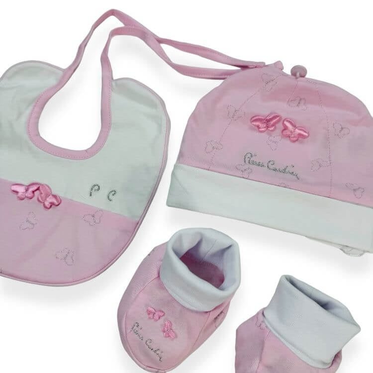 Ensemble bonnet + chaussures + bavoir en coton