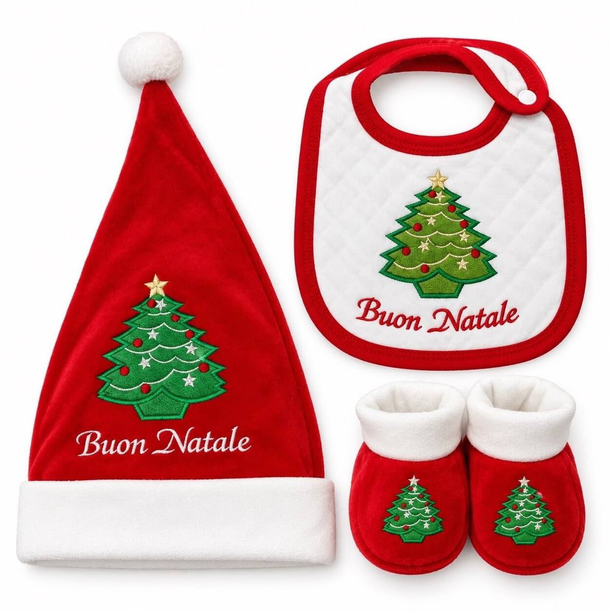 Set Neonato Primo Natale con Cappellino, Bavetta e Scarpine – Nancy Baby