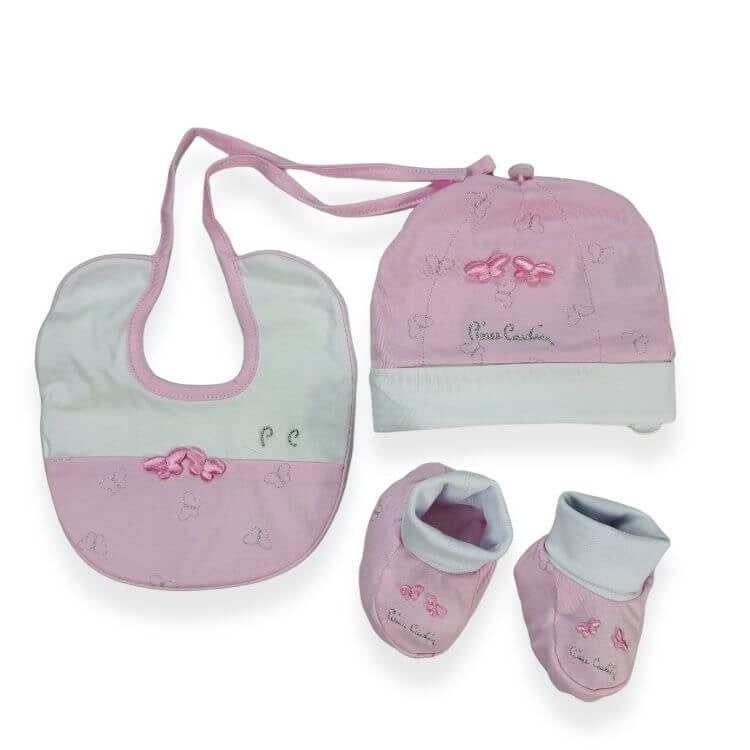 Ensemble bonnet + chaussures + bavoir en coton