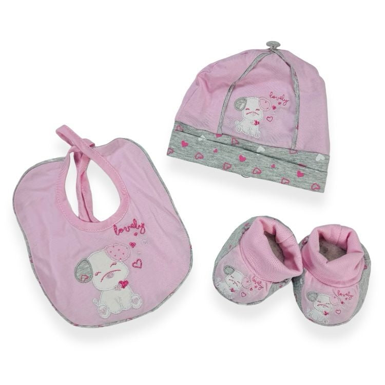 Ensemble bonnet + chaussures + bavoir en coton