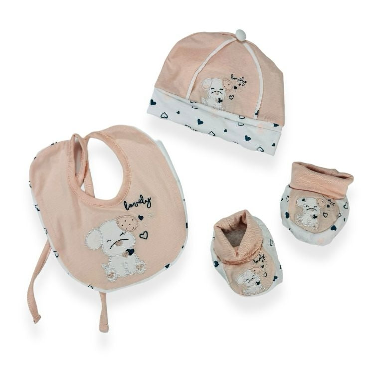 Ensemble bonnet + chaussures + bavoir en coton